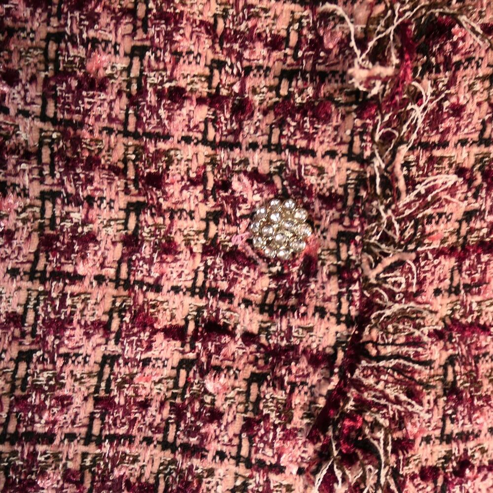 Joanna Plus Blazer Jacket Womens 1X Pink Tweed Fringe Rhinestone Buttons Short - Picture 5 of 12
